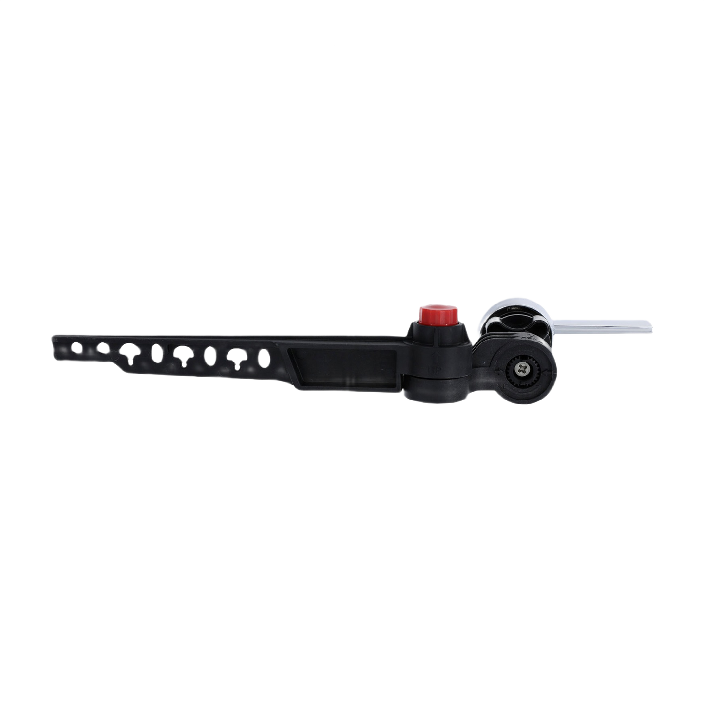 Black adjustable chain link lever arm with metal rod and red plastic pivot for plumbing repair and toilet parts replacement