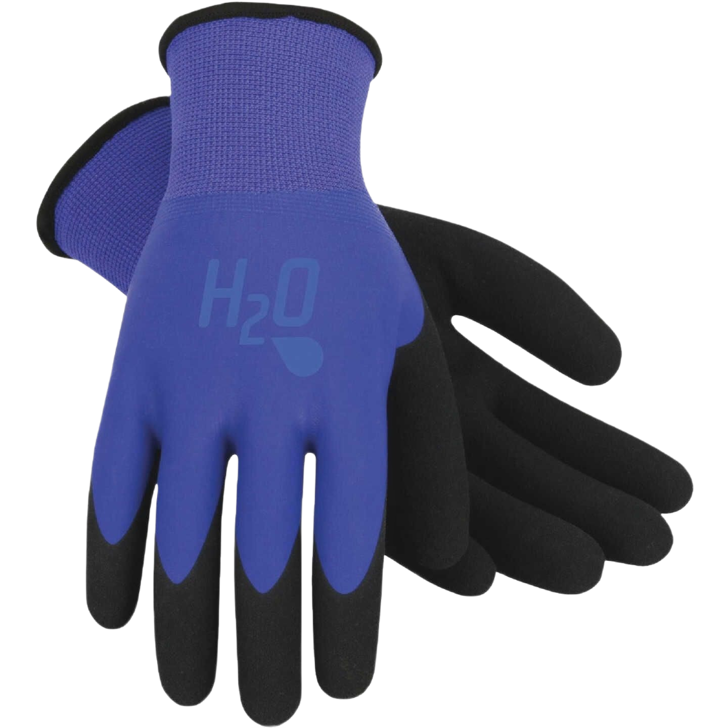 Pair of medium blue H20 gloves with textured black palm and fingers for protection in work and safety tasks