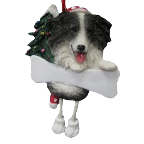 Border Collie ornament with dangling legs holding a blank bone sign and decorated Christmas tree on the back