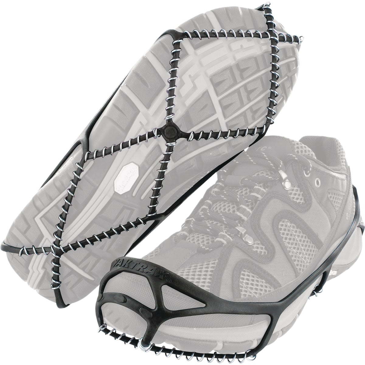 Black polyelastomer ice cleat with traction cables attached to a running shoe for slip-resistant outdoor use