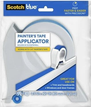 White and blue painter's tape applicator tool designed for precise home improvement and painting tasks with 1.41-inch tape roll