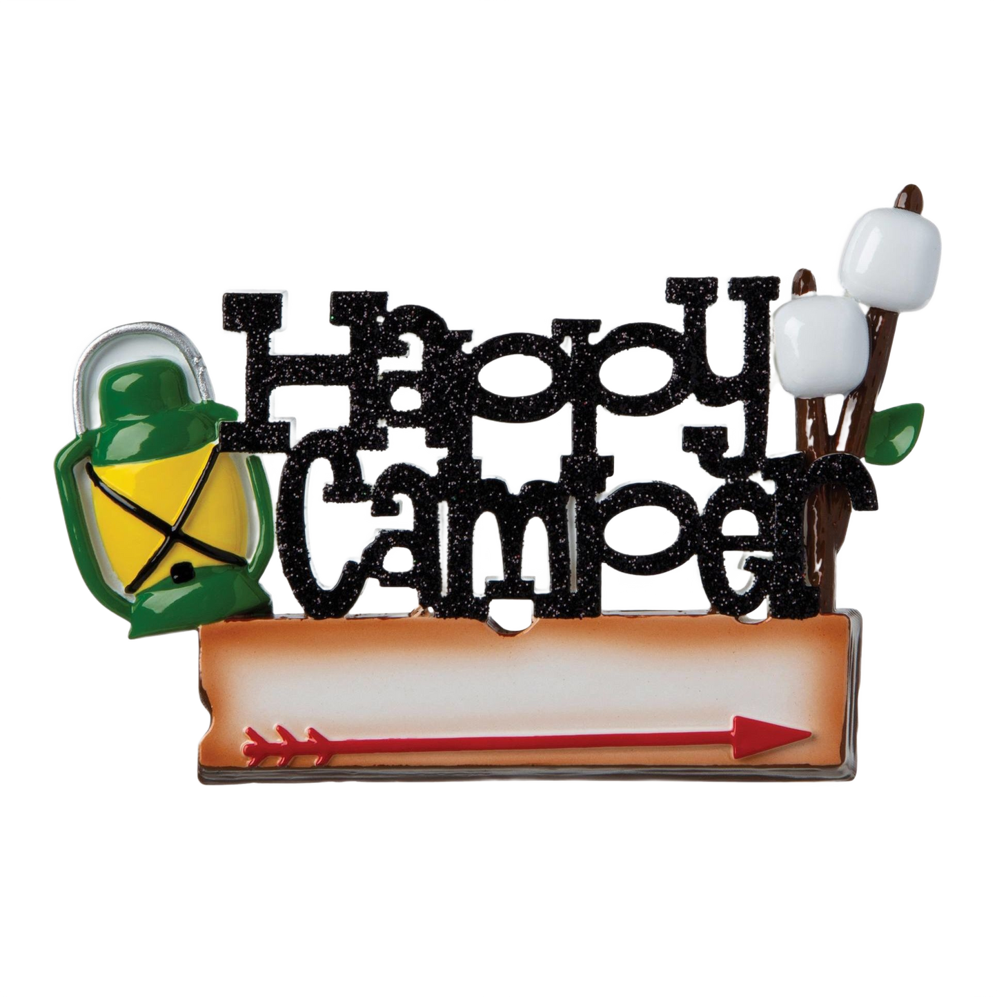 Black glitter "Happy Camper" ornament with green lantern marshmallow sticks and red arrow sign under 50 Christmas decor