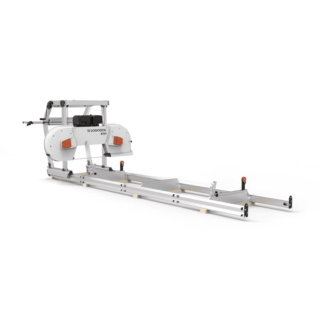 Portable band sawmill with gas-powered engine and aluminum frame for precision woodworking and lumber cutting tasks