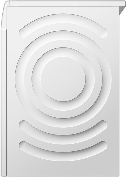 Side view of compact white front load washer from Bosch with circular vent patterns on the panel