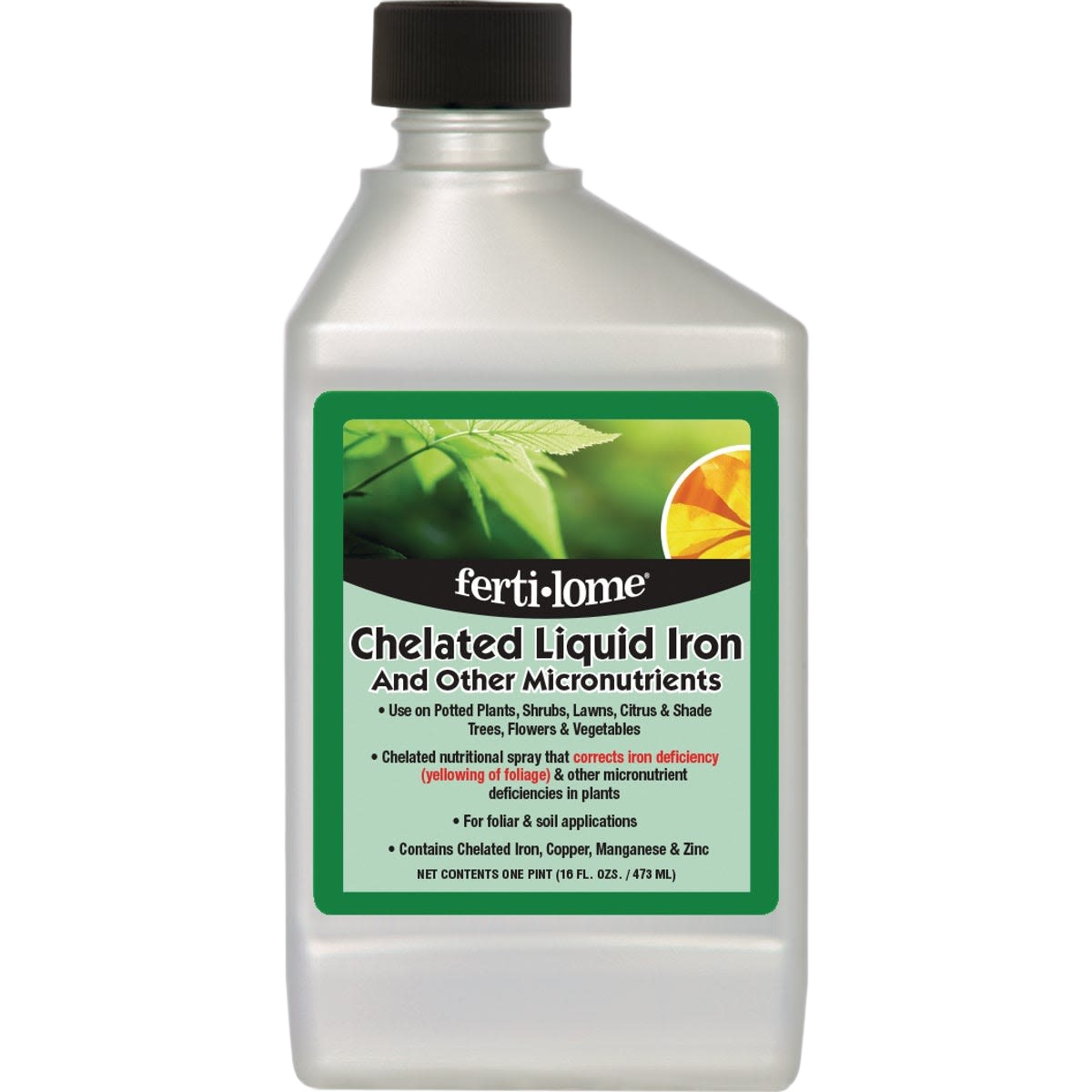 16 oz. bottle of chelated liquid iron plant food concentrate for foliar and soil use in plant care collections
