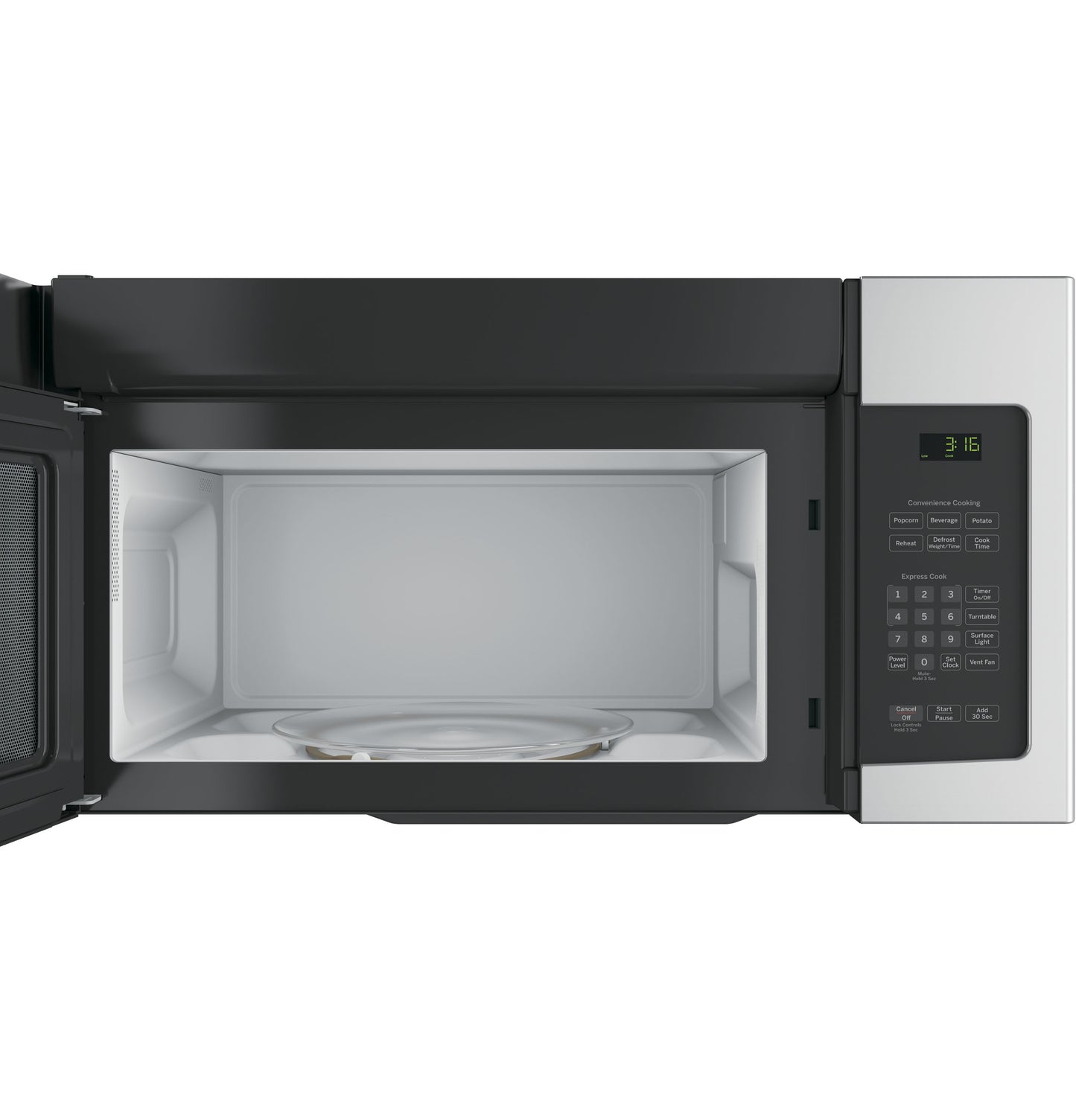 Stainless steel over-the-range microwave with digital keypad and glass turntable open door in appliances setting