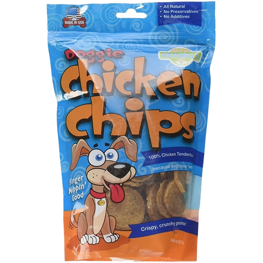 Blue and orange bag of chicken chip dog treats with cartoon dog illustration in pet and animal collections