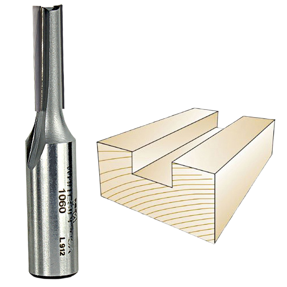 Carbide-tipped straight router bit next to a wooden groove sample for woodworking and tool accessories under $50