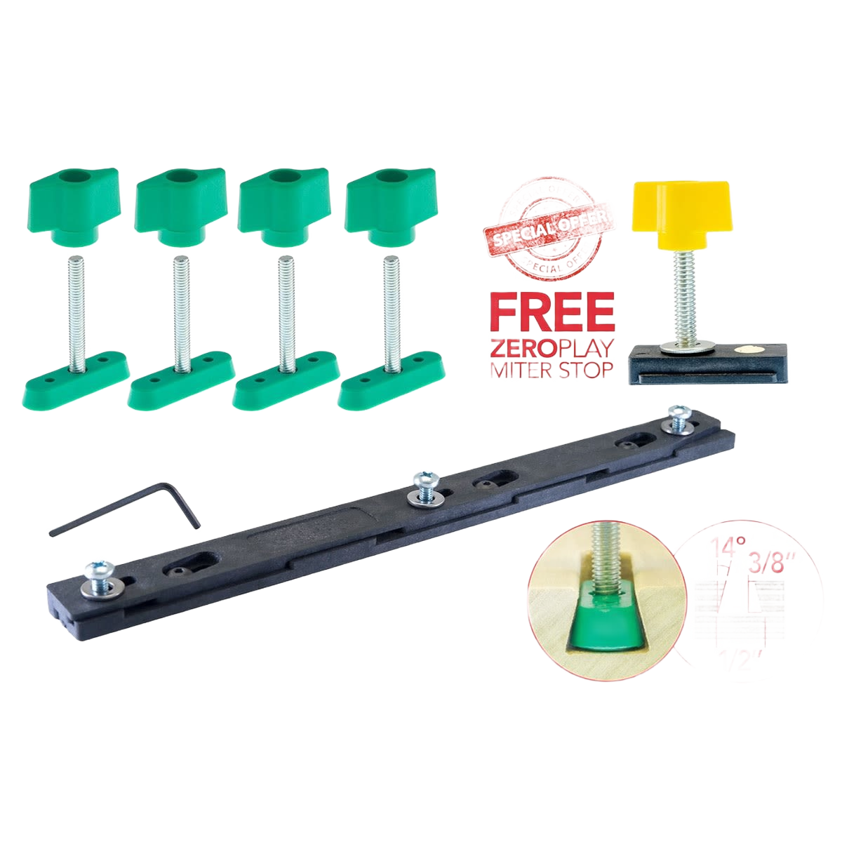 Set of green and yellow adjustable clamping stops with black mounting rail for tool accessories and saw accessories collections