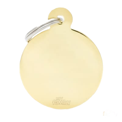 Large gold round metal ID tag with keyring attachment for tools and home improvement use