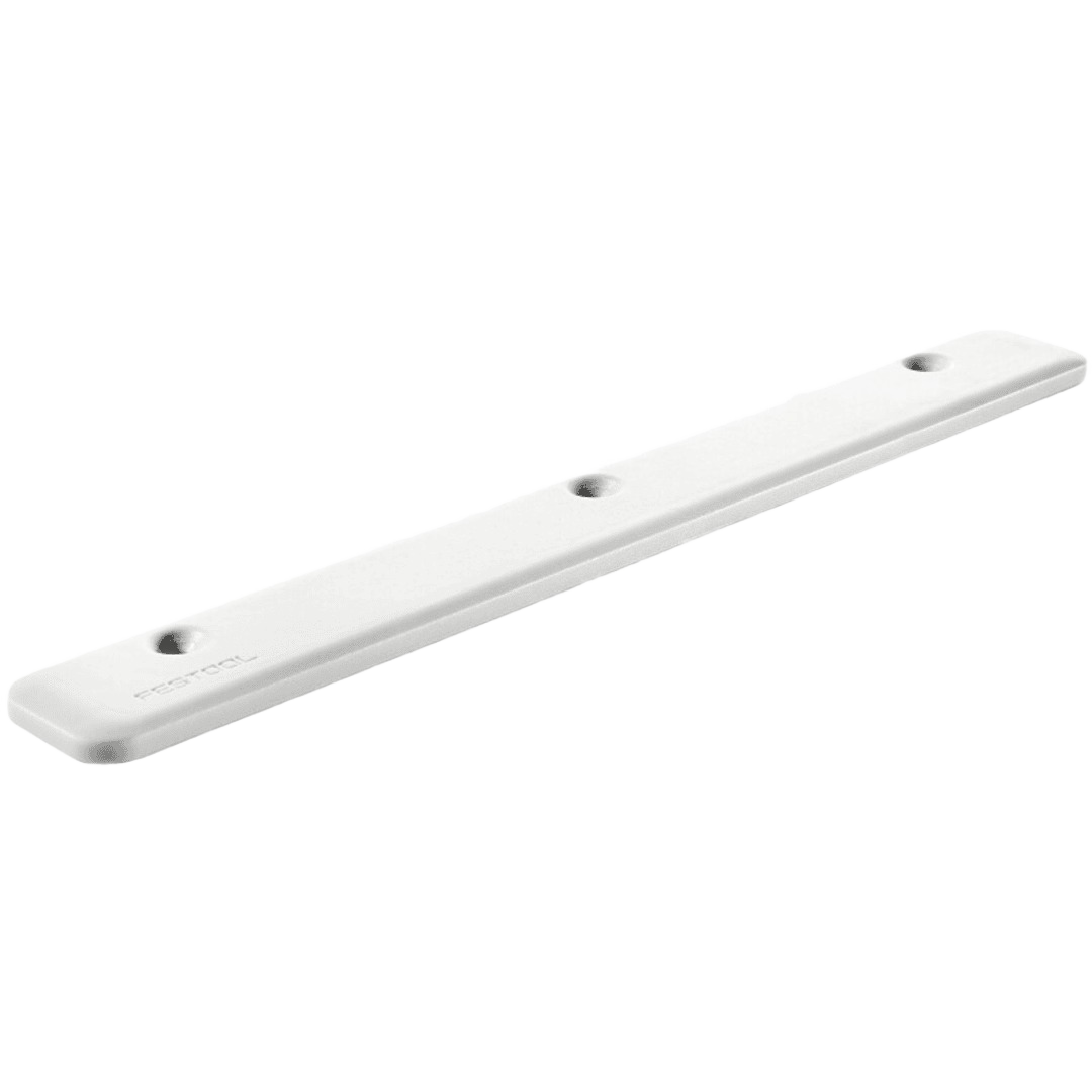 White plastic table guide plate with mounting holes for woodworking tool accessories and dust management systems