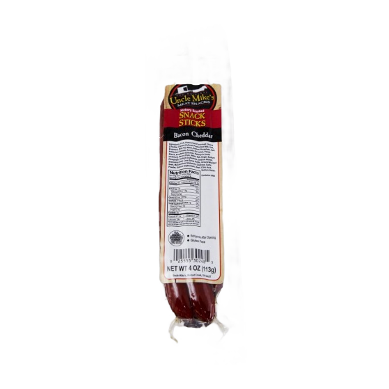 Package of Uncle Mike’s bacon and cheddar flavored snack sticks from Chips & Snacks and Food & Beverage collections