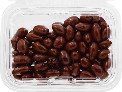 Clear plastic container filled with milk chocolate covered almonds from the chocolates and candies collection