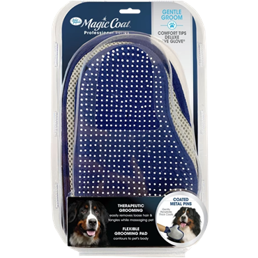 Blue and white flexible grooming glove with coated metal pins for pet hair removal and gentle grooming care