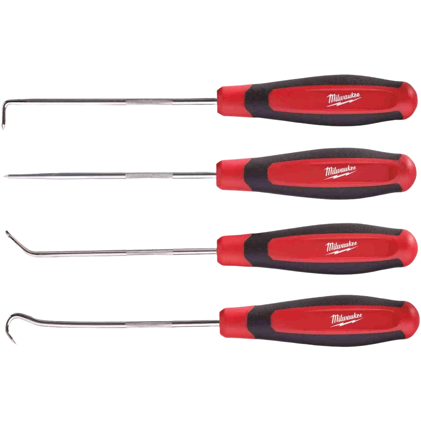 Set of four red and black handled hook and pick tools designed for precision tasks in home improvement.