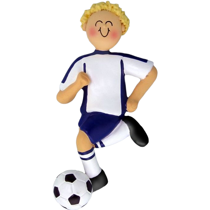 Cheerful blonde male soccer player figurine in blue and white uniform kicking a black and white ball for Christmas decor