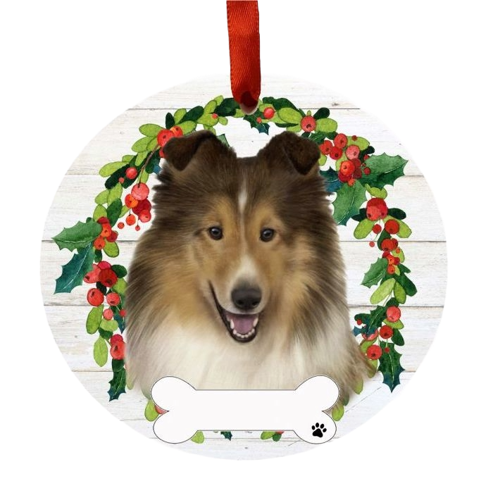 Round ornament with cheerful Sheltie dog face framed by holly and red berries for Christmas decoration