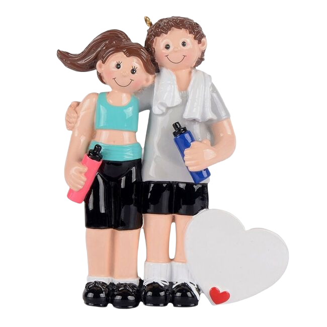 Couple figurine in workout clothes holding water bottles with a heart detail for Christmas Ornaments & Tree Decorations collection