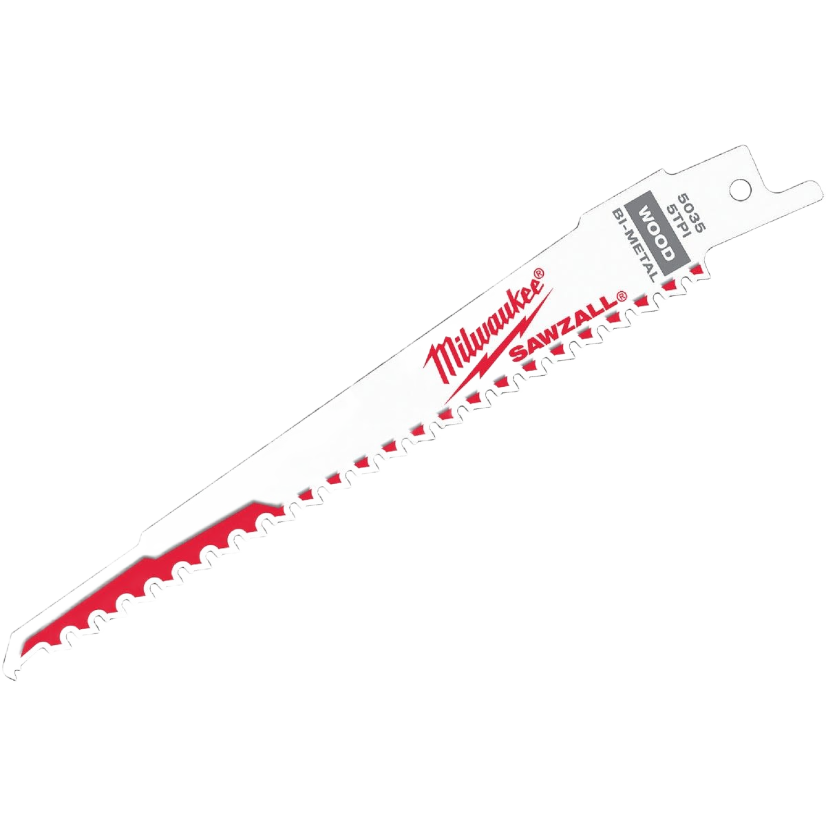 White reciprocating saw blade with red Milwaukee logo and 5 teeth per inch for wood cutting in saw accessories collections