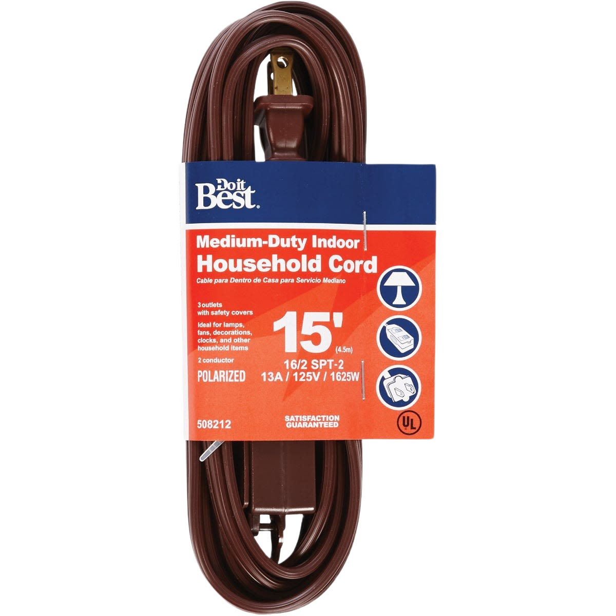 Brown medium-duty indoor extension cord with three outlets, 15 feet long for electrical and home improvement use