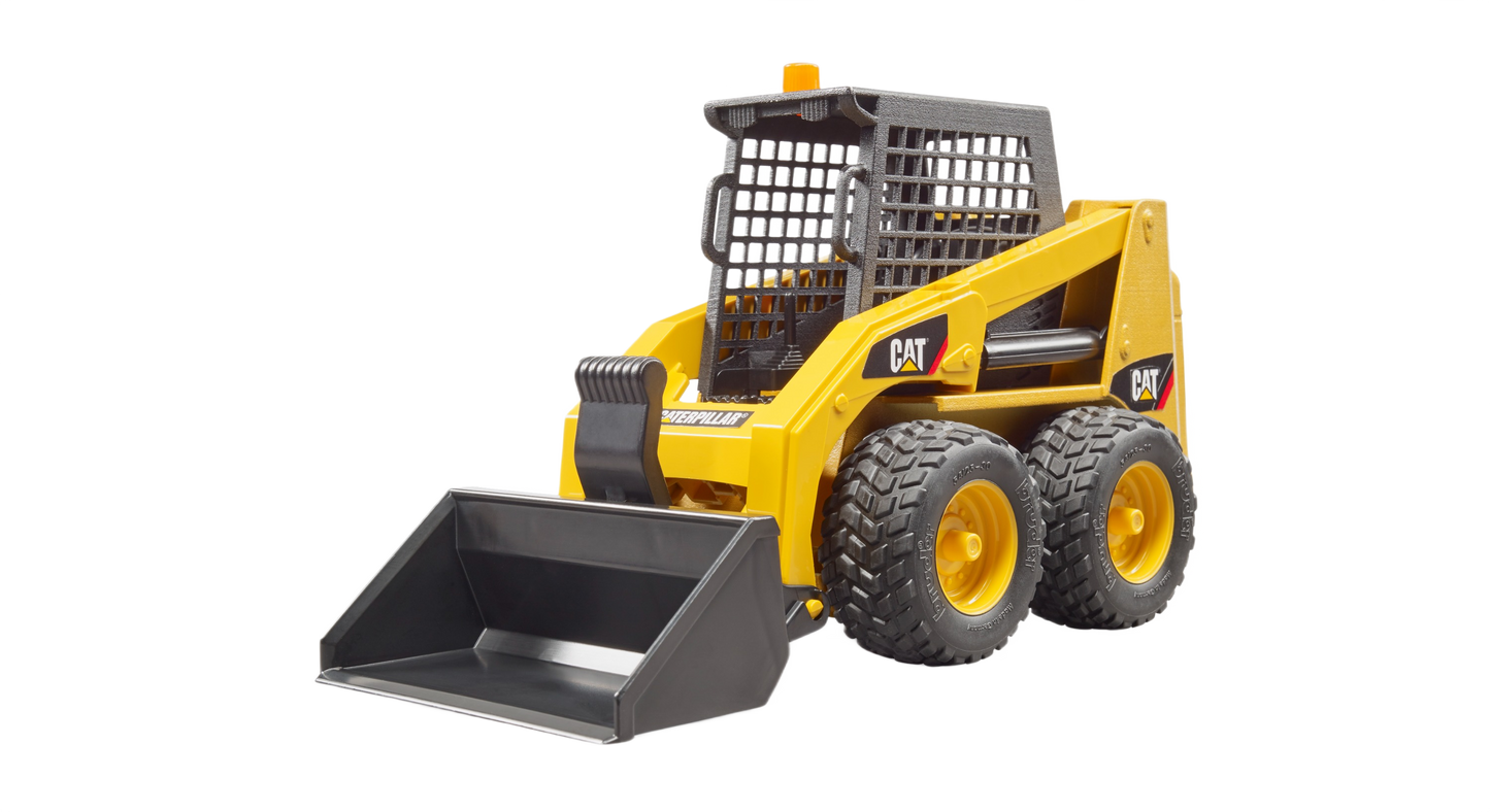 Yellow Bruder CAT skid steer loader toy with realistic details and rugged wheels for construction play and home improvement fun