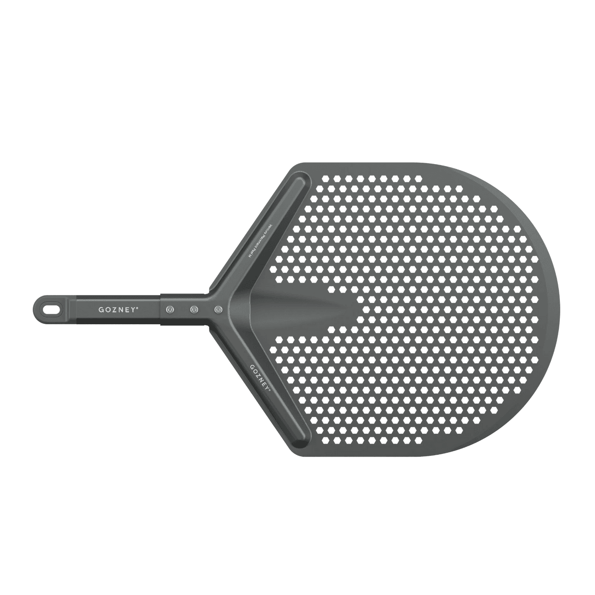 Perforated gray metal pizza peel with ergonomic handle for precise placement in grilling and outdoor living collections