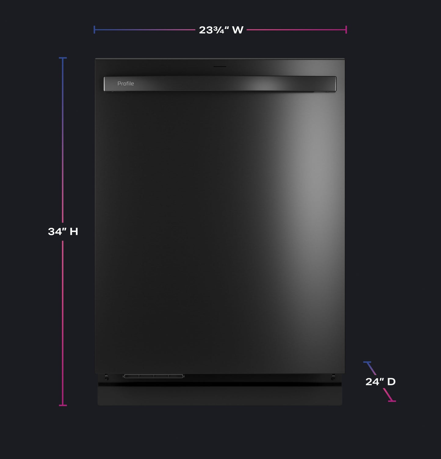 Front view of sleek black built-in dishwasher with minimalist handle, shown with dimensions in kitchen appliance setting