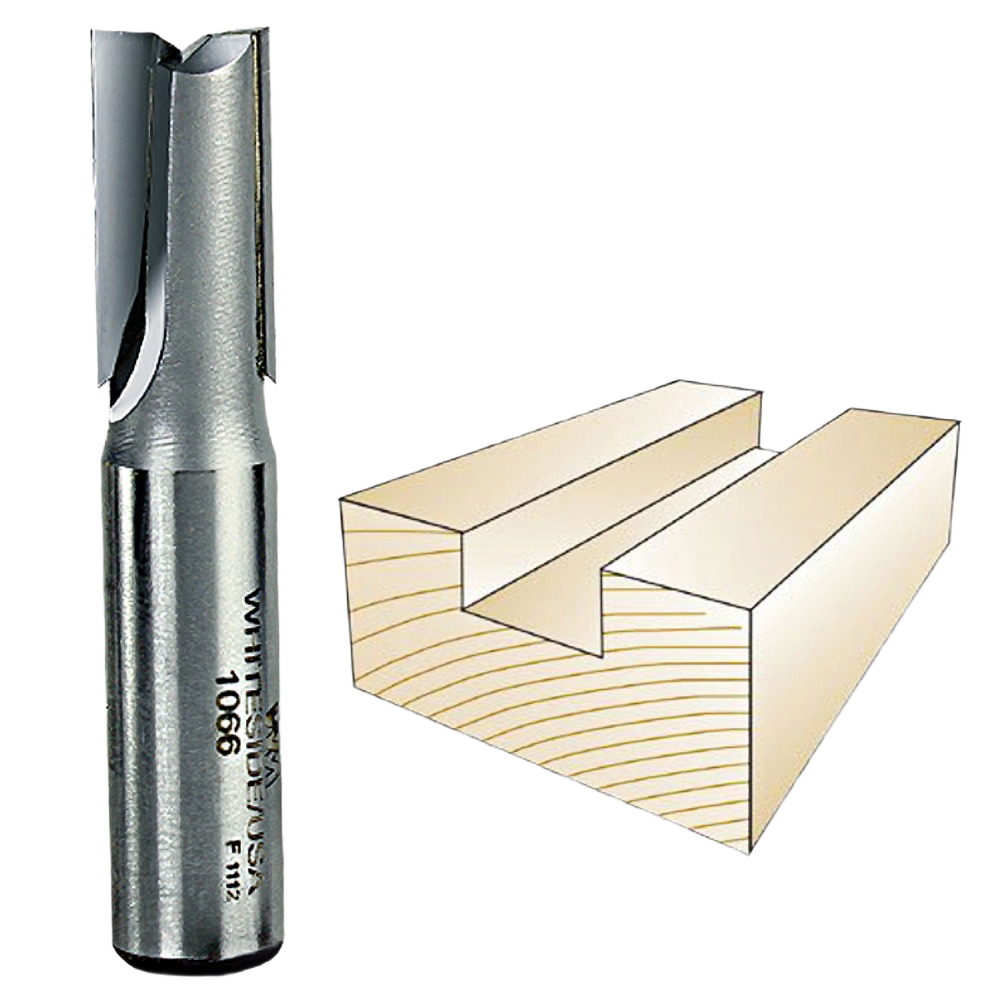 Straight router bit with engraved markings alongside a wood groove example for woodworking tool accessories.