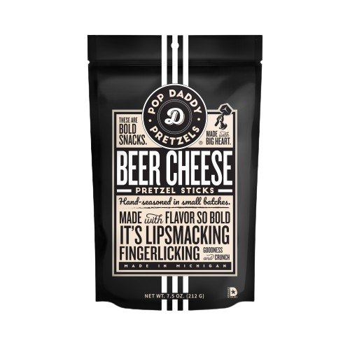 Black resealable bag of hand-seasoned beer cheese pretzel sticks from Pop Daddy snacks in food and beverage collection