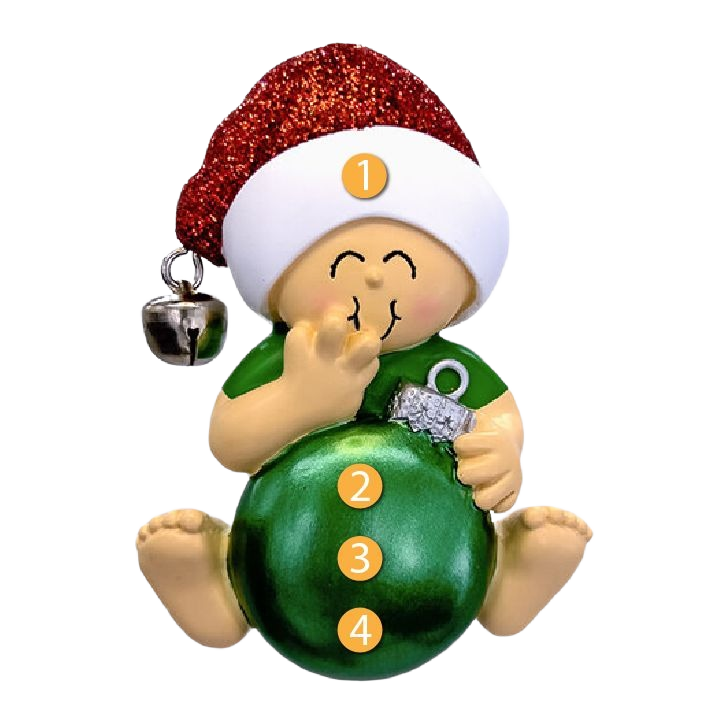 Green baby ornament holding green bulb wearing red glitter Santa hat in Christmas Ornaments & Tree Decorations collection under $50