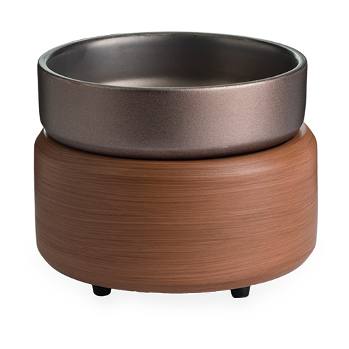 Compact wax melter with pewter top and walnut base for home fragrance and decor use