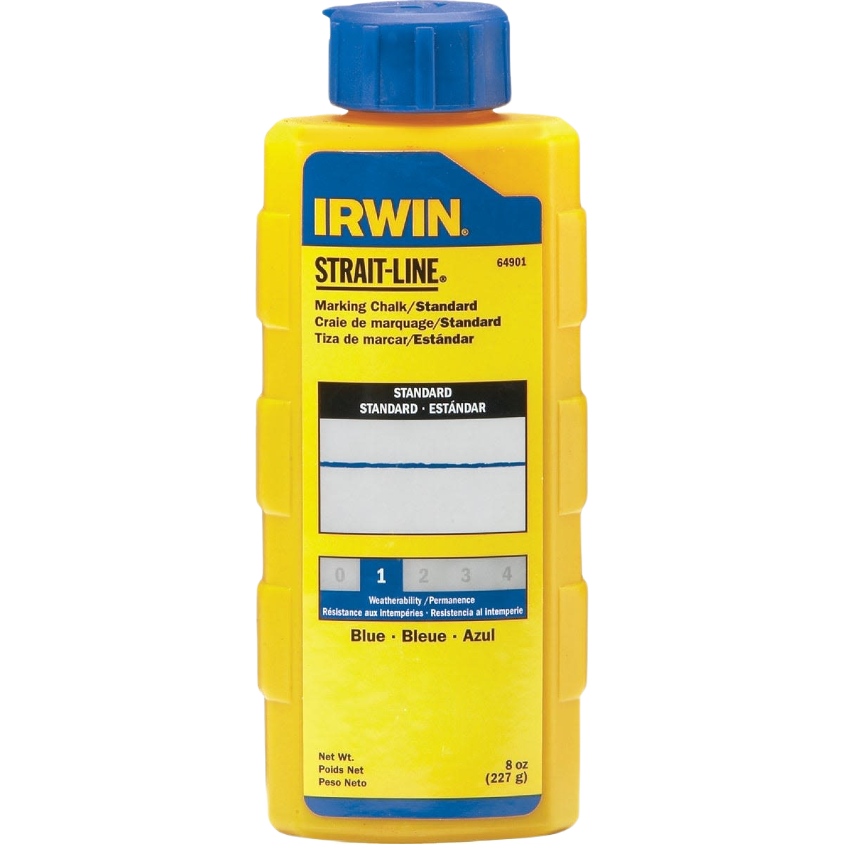 Yellow and blue container of blue standard marking chalk for home improvement and tools use