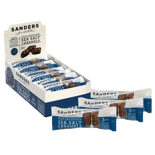 Box of individually wrapped milk chocolate sea salt caramel candies in blue and white packaging from candy collection