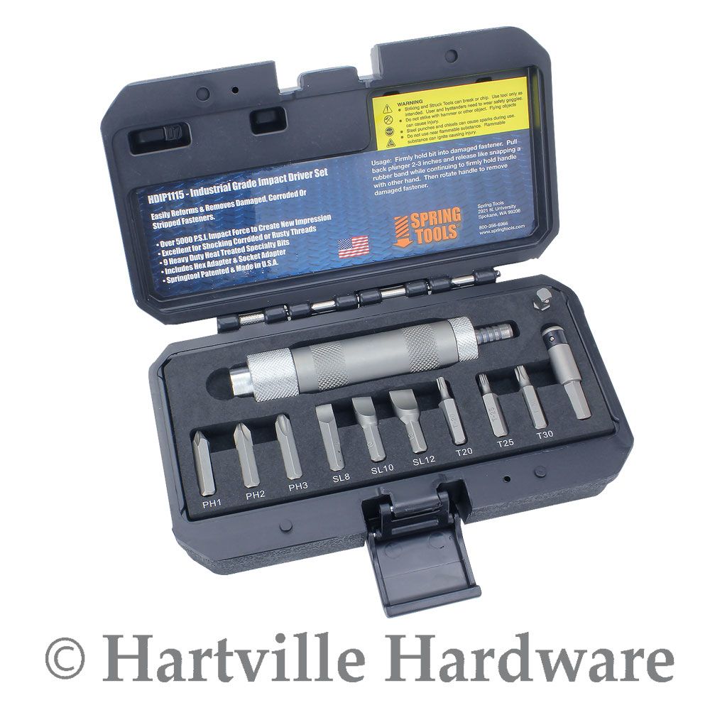 Industrial grade fastener removal impact set with multiple bits in molded case for power tool accessories and home improvement