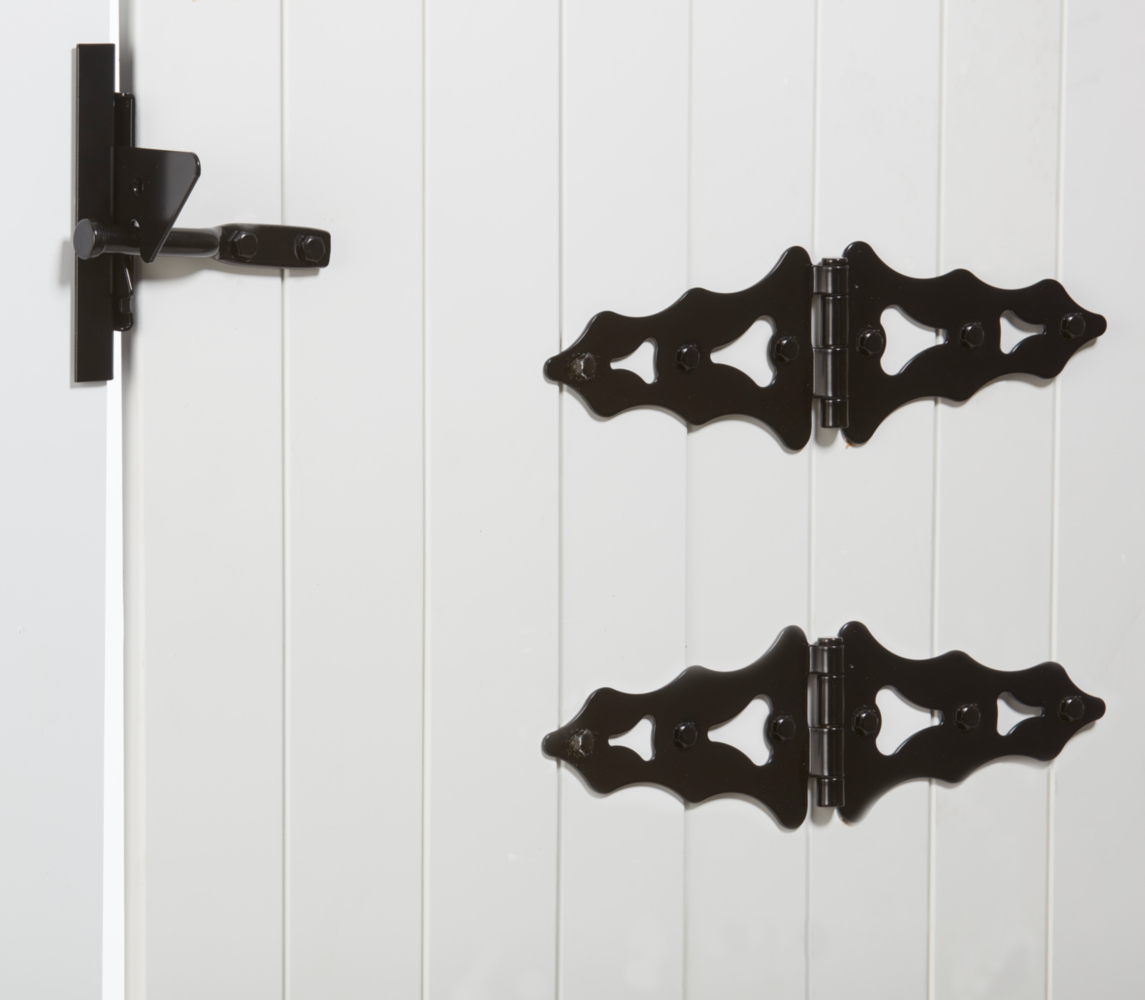 Decorative black gate hardware kit with latch, hinges, pull, and mounting pieces for home improvement projects