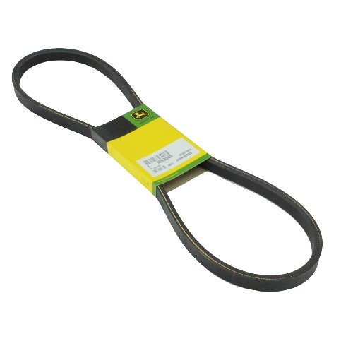 Black rubber drive belt with green and yellow branded packaging designed for outdoor equipment repair and maintenance
