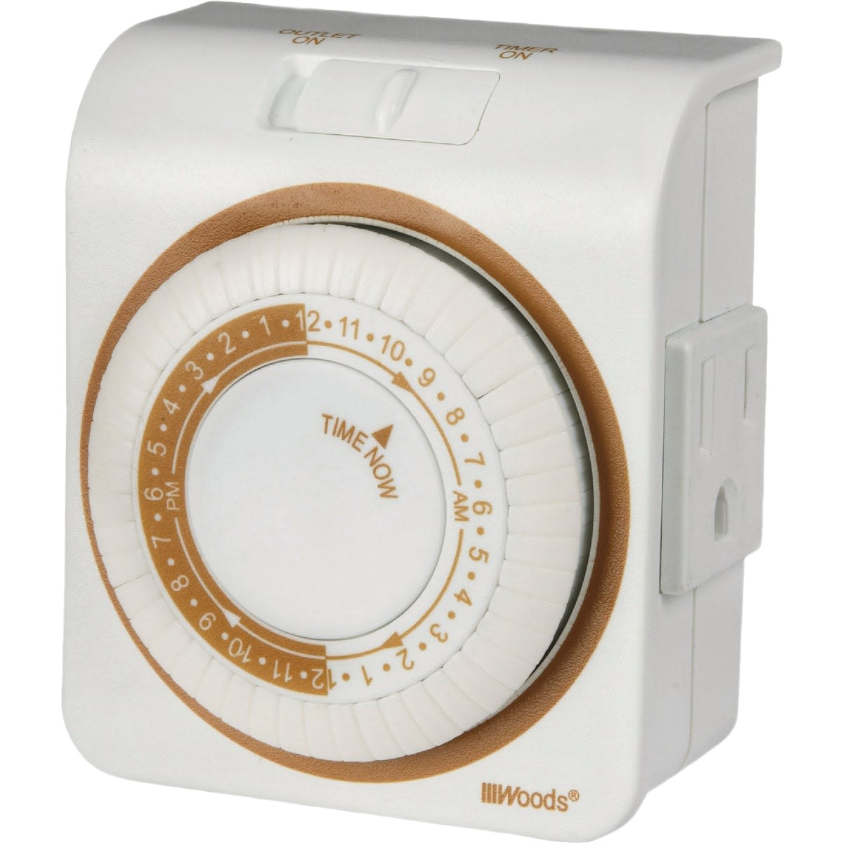 Compact white mechanical timer with circular dial and adjustable pins for home automation and lighting control