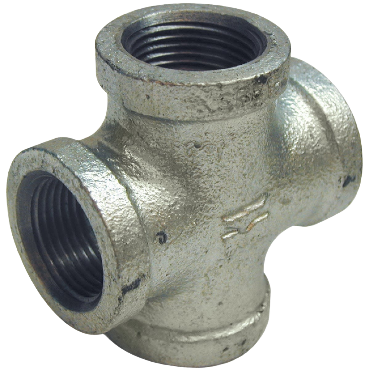 Galvanized malleable iron pipe cross fitting with threaded connections for plumbing and galvanized pipe applications