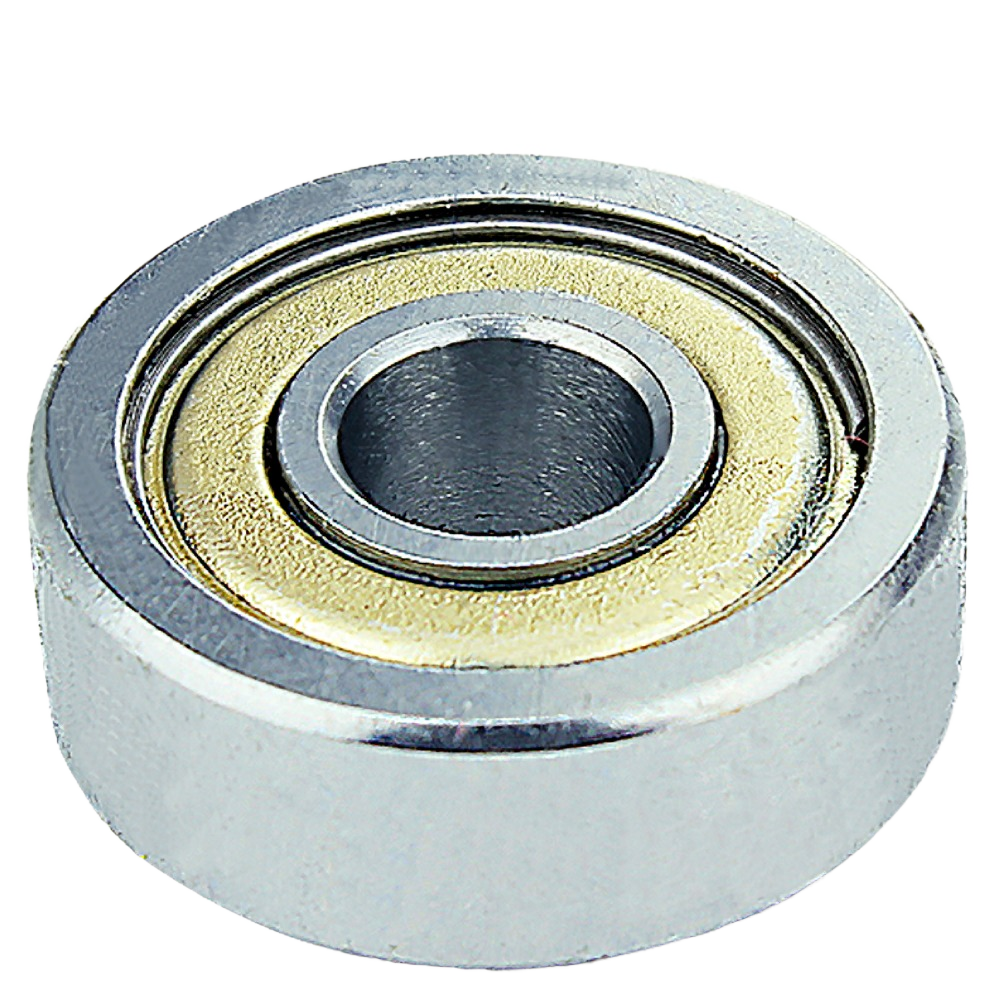 Industrial metal bearing with polished steel outer ring and brass-colored inner ring for tool accessories and power tools