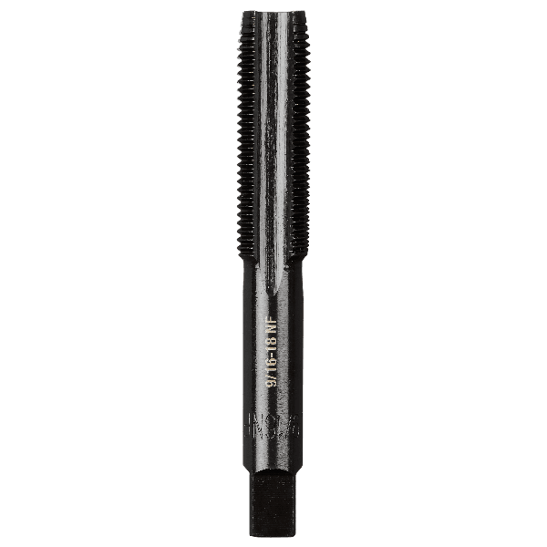 Black steel straight flute plug tap with 9/16"-18 NF threading for precision threading in home improvement tasks