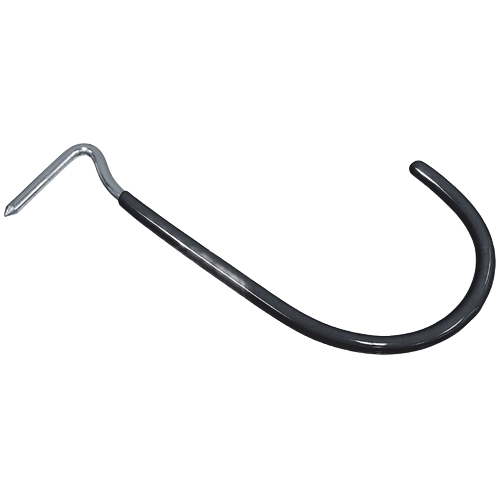 Black vinyl coated curved drive hook with angled metal tip for hanging and securing items in home improvement projects