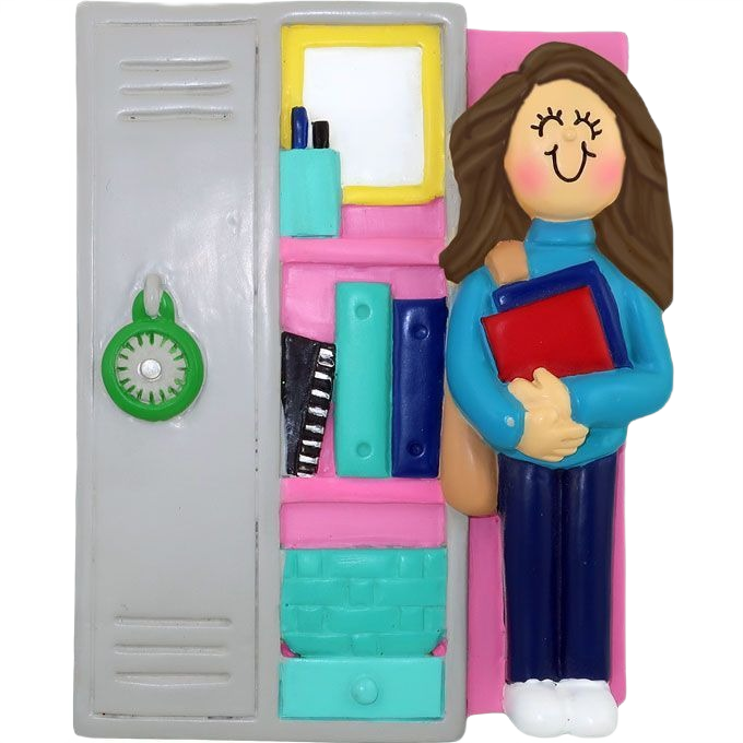 Cute brunette student holding books next to colorful open locker for Christmas Ornaments & Tree Decorations under $50 collection