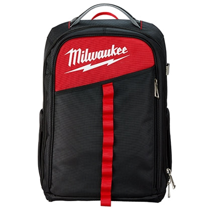 Compact black and red low-profile backpack with Milwaukee logo for tools and home improvement use