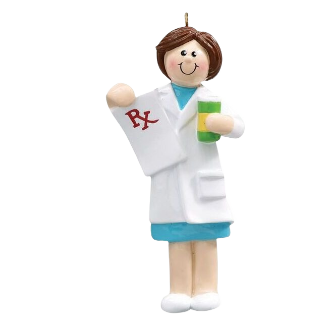 Female pharmacist figurine holding prescription in white coat in Christmas Ornaments & Tree Decorations collection