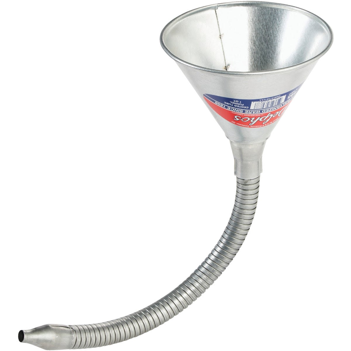 Galvanized steel filler funnel with flexible metal spout for automotive use in fluids and lubricants supplies under $50
