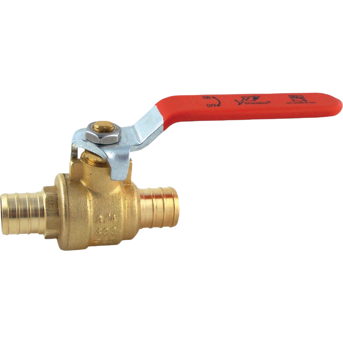 Brass ball valve with red lever handle and barb connections for plumbing and pipe fitting applications under $50 collections