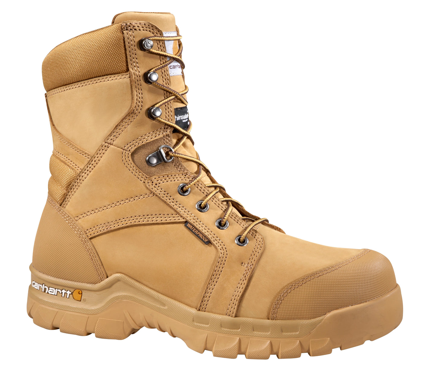 Wheat-colored insulated work boot with rubber toe and heel bumper designed for durability and comfort in footwear collections