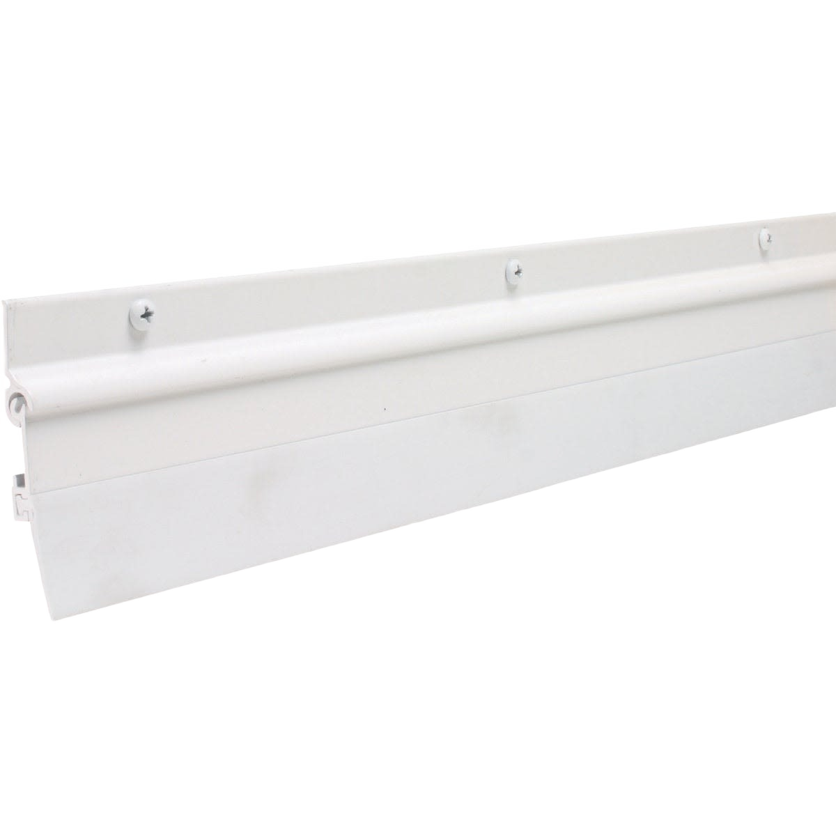White automatic door sweep with flexible vinyl seal and screw mounting for home improvement hardware projects.