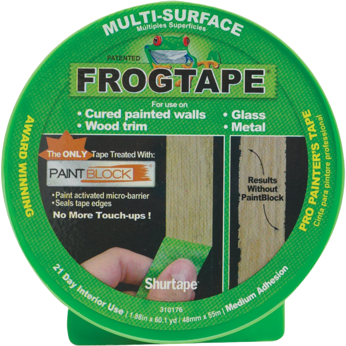 Round container of green multi-surface painter’s tape for wood, glass, metal, and painted wall projects under $50