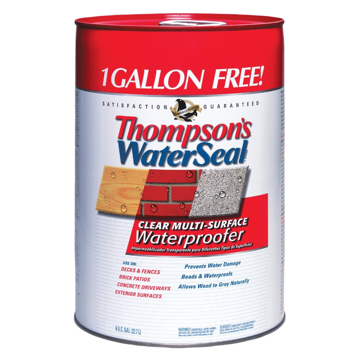 Large container of clear multi-surface waterproofer for decks, patios, driveways, and exterior surfaces in home improvement